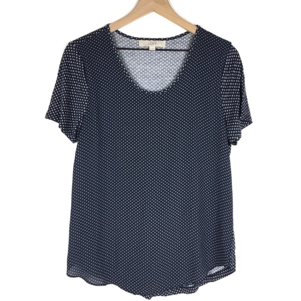 LOFT Top Blouse Dot Short Sleeve Sheer Overlay Classic Minimalist Size Medium